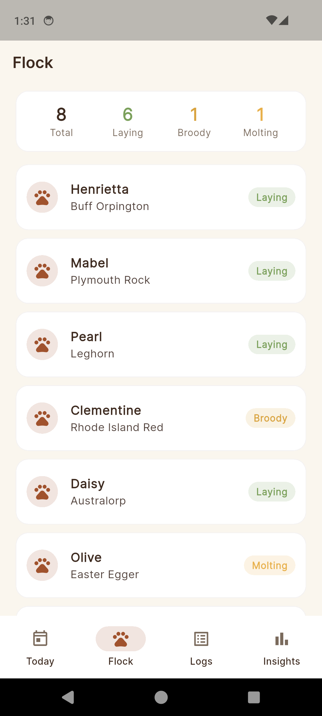 ChickKeep flock register listing each hen