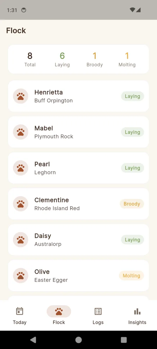 The ChickKeep flock tab: 8 total, 6 laying, 1 broody, 1 molting, then Henrietta the Buff Orpington, Mabel the Plymouth Rock, Pearl the Leghorn and more, each with a status chip
