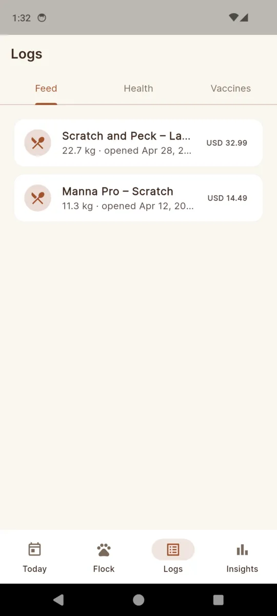 The ChickKeep feed log: a Scratch and Peck layer bag at 22.7 kg opened April 28 for USD 32.99, and a Manna Pro scratch bag at 11.3 kg for USD 14.49