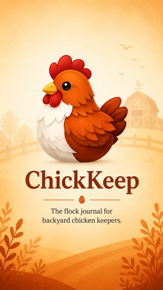 The ChickKeep launch screen: a rust-red hen in front of a barn, the wordmark, and the line The flock journal for backyard chicken keepers