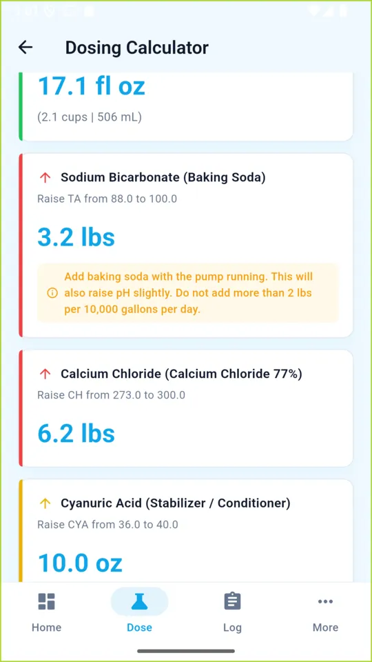The ClearPool dosing screen listing baking soda 3.2 lbs, calcium chloride 6.2 lbs and cyanuric acid 10.0 oz with the reason for each