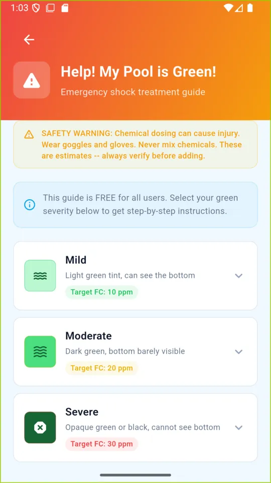 The ClearPool green pool guide with a safety warning and mild, moderate and severe options showing target chlorine levels