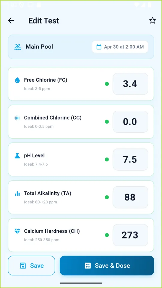 The ClearPool test entry screen with free chlorine 3.4, combined chlorine 0.0, pH 7.5, alkalinity 88 and hardness 273, each showing its ideal range