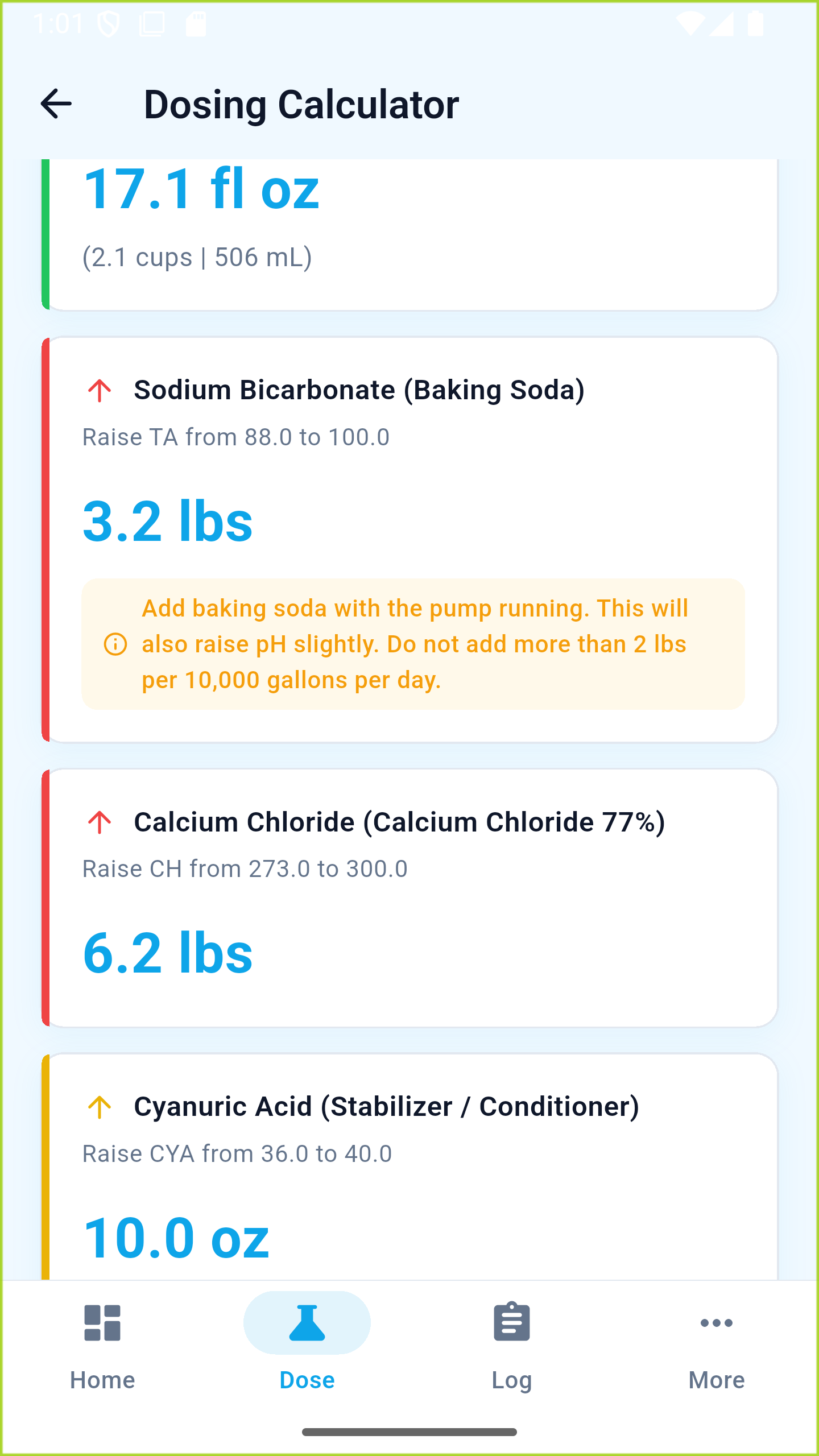 ClearPool dosing calculator result