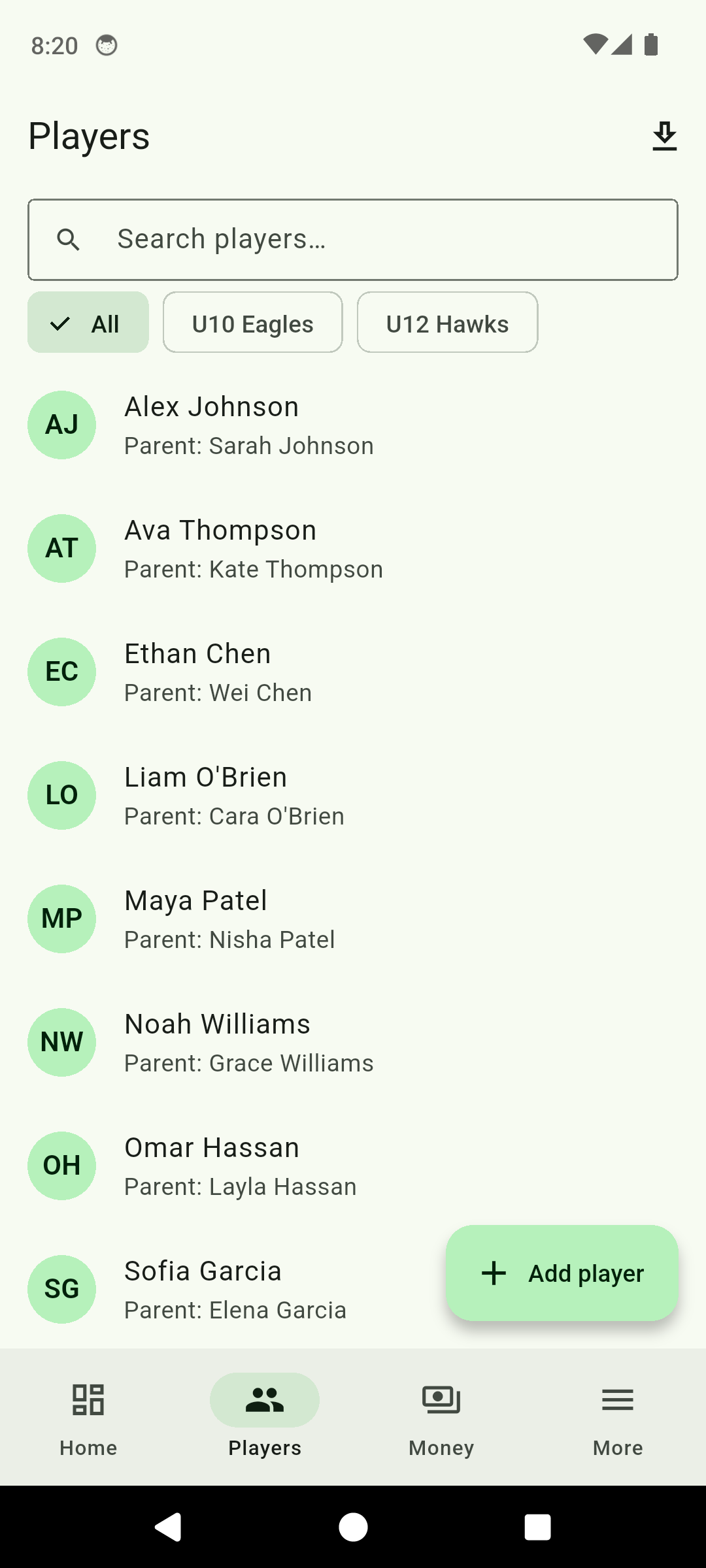ClubDues player roster with parent contacts and team filter chips for U10 Eagles and U12 Hawks