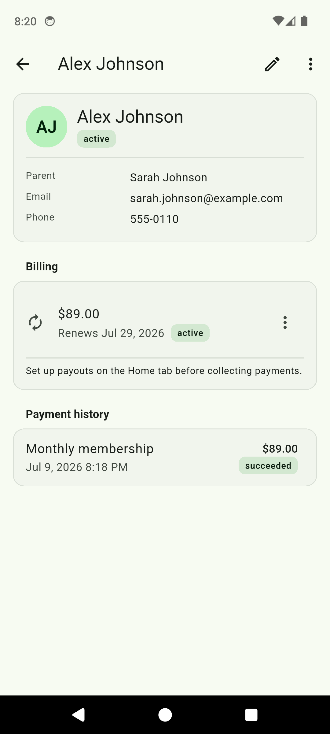 ClubDues player detail showing parent contact, an active monthly membership and payment history