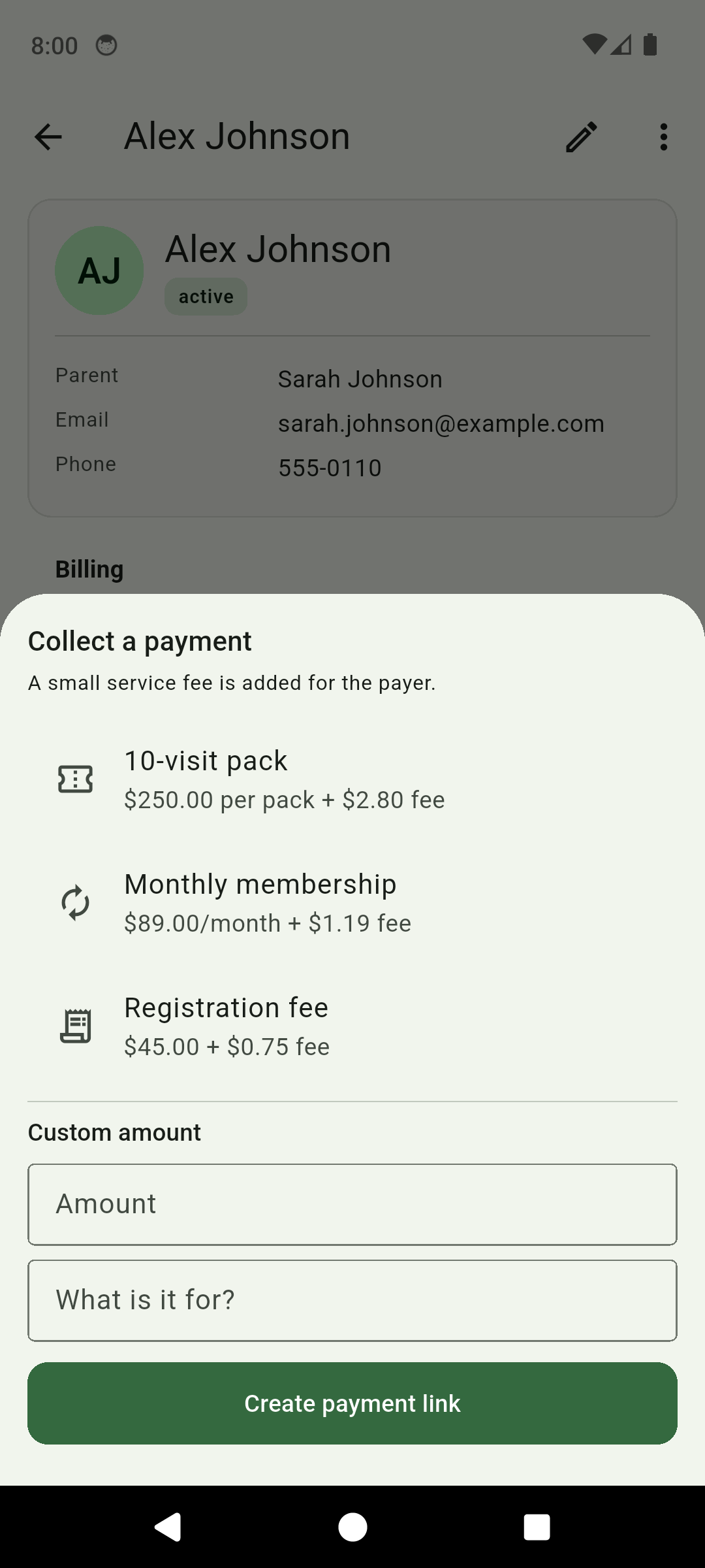 ClubDues collect-a-payment sheet showing membership, registration and pack options with a transparent service fee