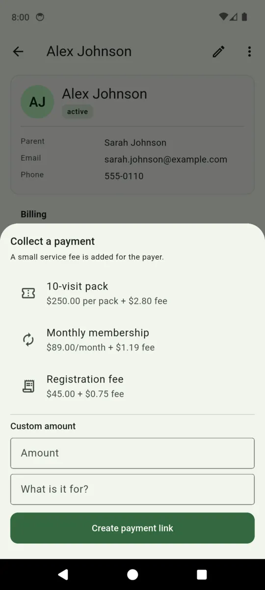 The ClubDues Collect a payment sheet on a player's card, listing a monthly membership at $89.00 with a $1.19 fee, a registration fee at $45.00 with a $0.75 fee, a custom amount field, and a Create payment link button