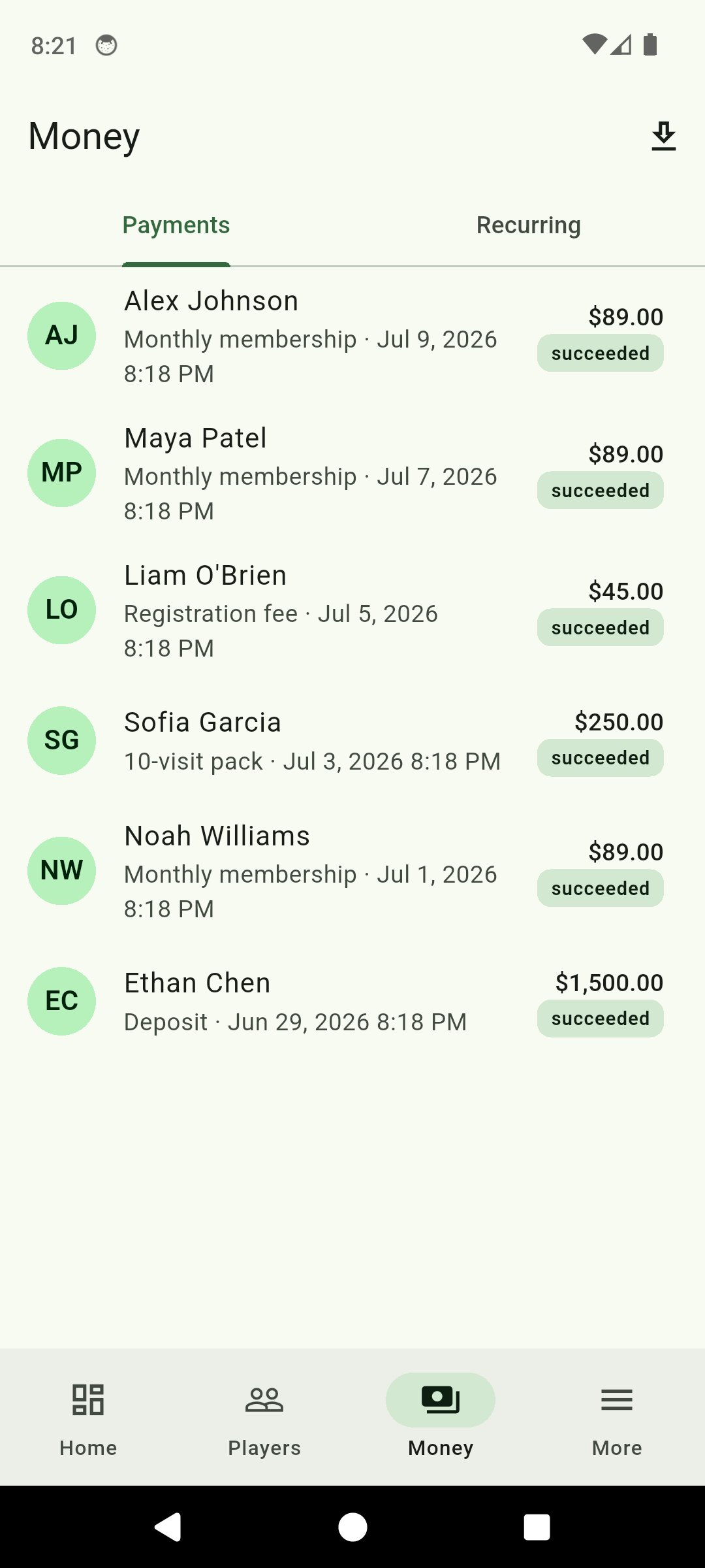 ClubDues money ledger listing succeeded payments for memberships, registration fees and packs