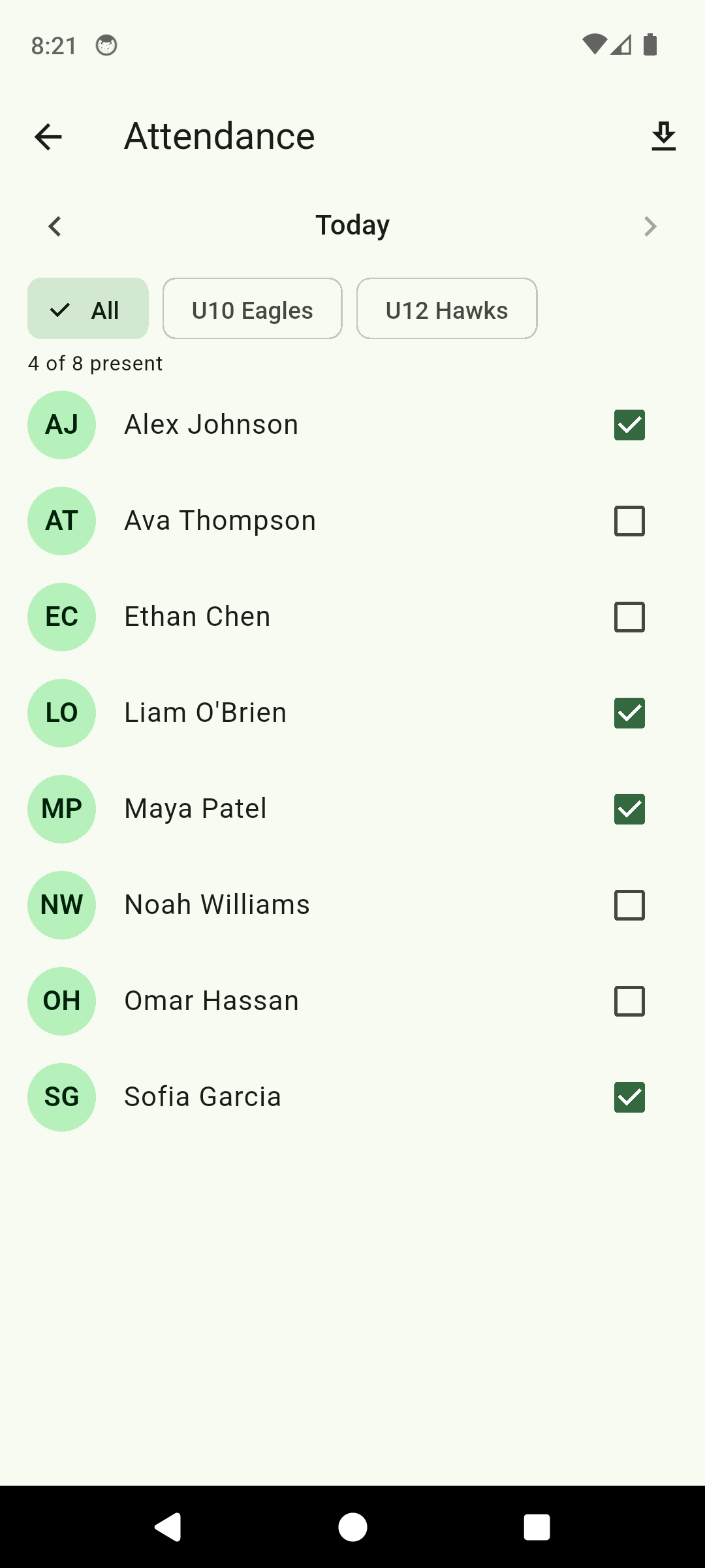 ClubDues attendance check-in showing four of eight players marked present today with a team filter