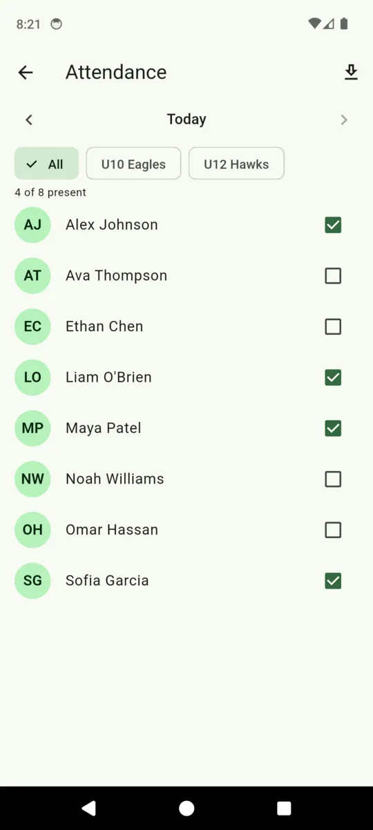 Today's attendance register in ClubDues, showing four of eight players ticked present with team filter chips above
