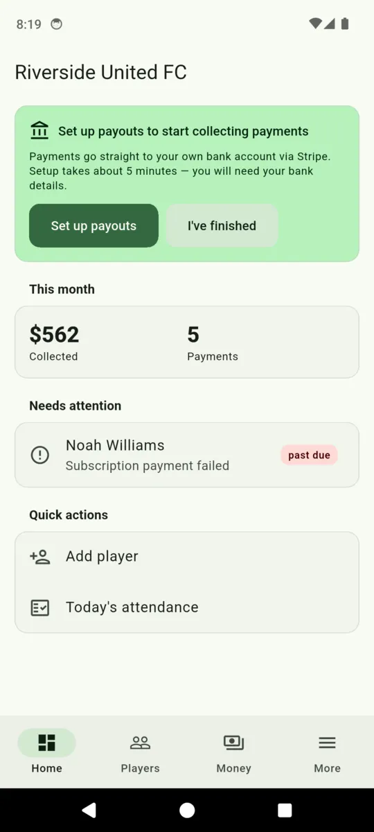 The ClubDues dashboard for a demo club showing this month collected, a payment count, and a failed subscription under Needs attention