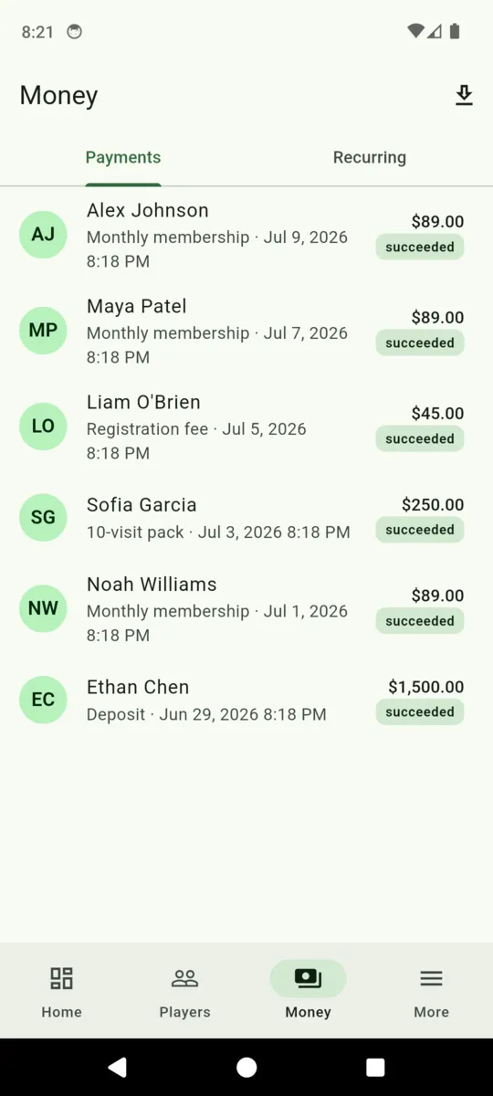 The ClubDues money tab listing payments with amounts, descriptions, dates and a succeeded status chip on each