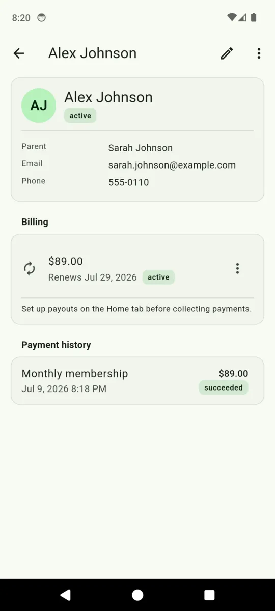 A player record in ClubDues showing parent contact details, an active monthly billing plan and a payment history entry