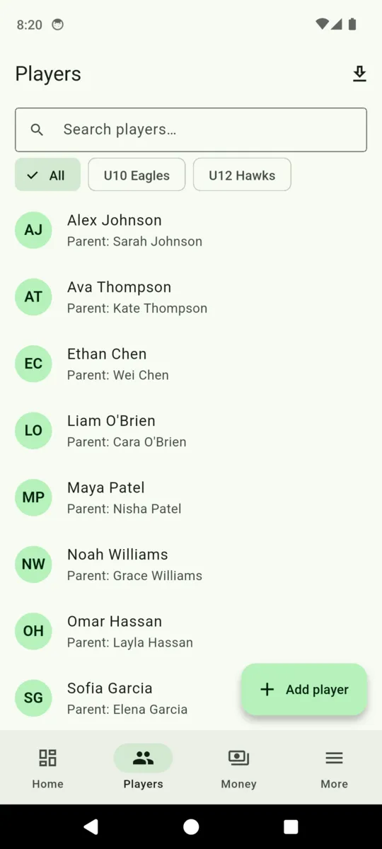 The ClubDues player list with a search box, team filter chips and each player listed under a parent name