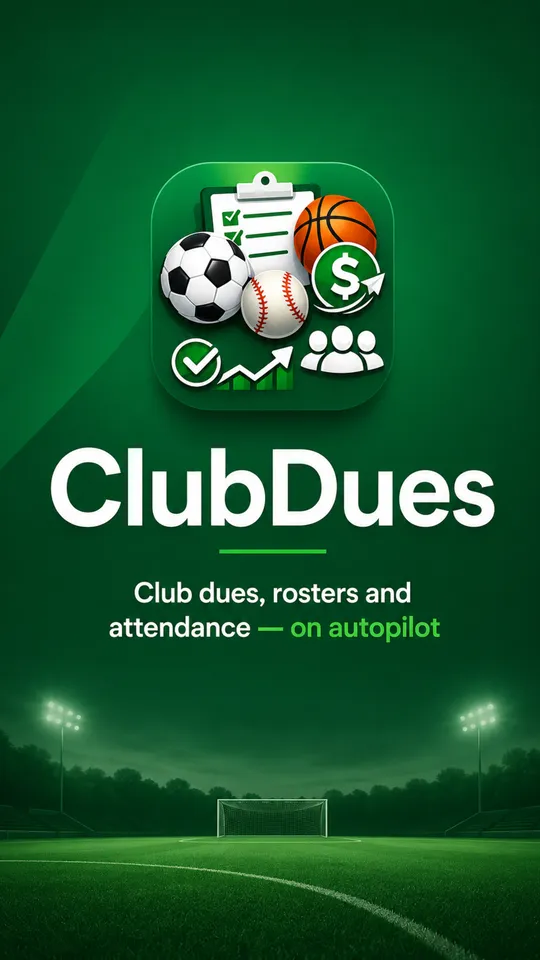 The ClubDues launch screen: the app icon above the wordmark and the line Club dues, rosters and attendance, over a floodlit pitch