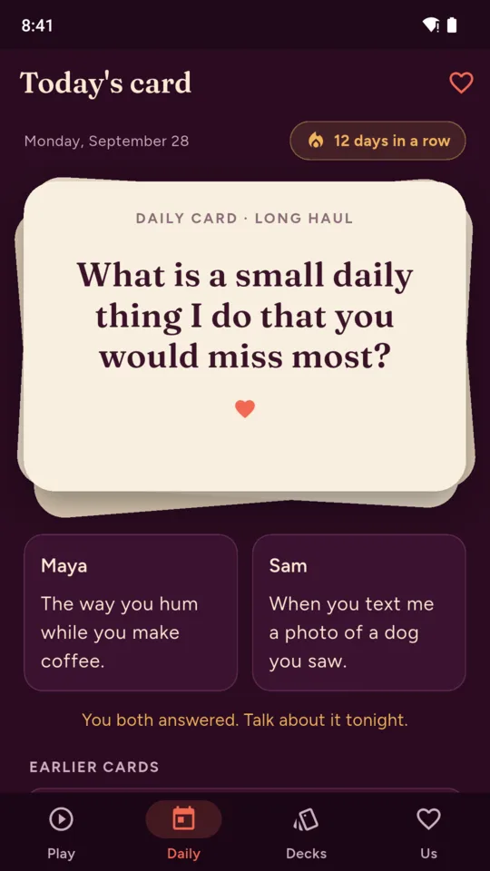 Today's card: both answers showing, a 12 day streak and earlier cards below.