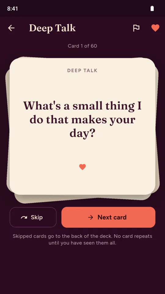Deep Talk, card 1 of 60, with Skip and Next card.
