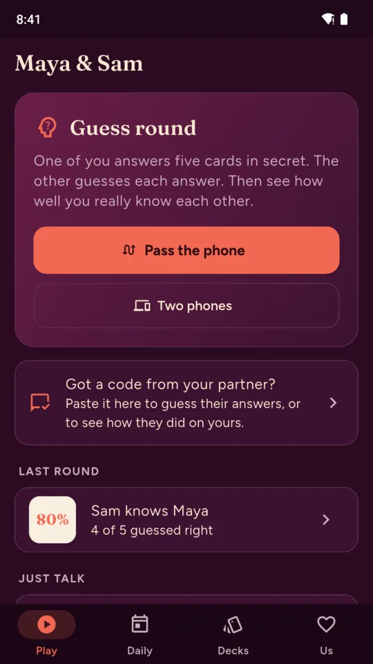 Play: start a guess round on one phone or two, or paste a code from your partner.