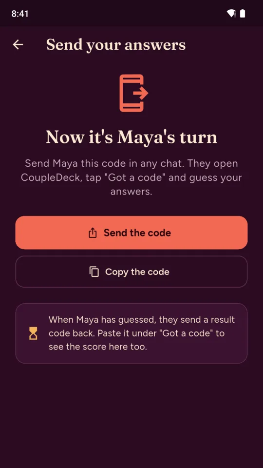Send your answers: a code for Maya to paste into CoupleDeck.