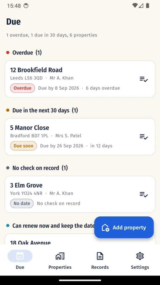 The CP12 Pro due list: properties grouped as overdue, due soon, no check on record and can renew now