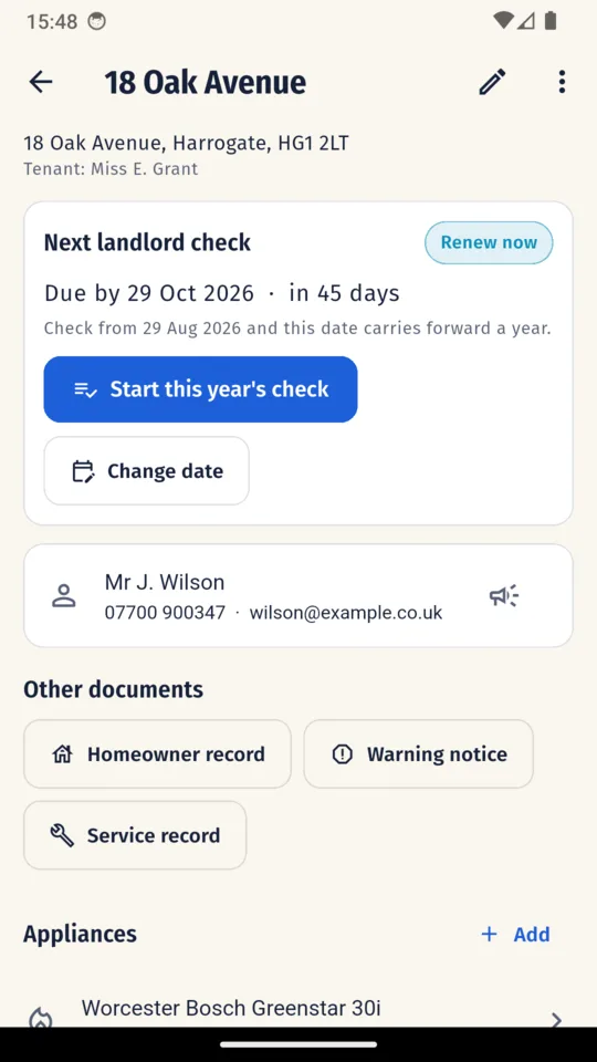 A property in CP12 Pro with the next landlord check and the date the two-month window opens