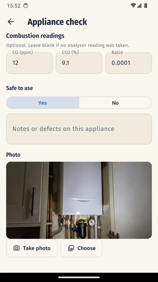 An appliance check in CP12 Pro with combustion readings and a photo