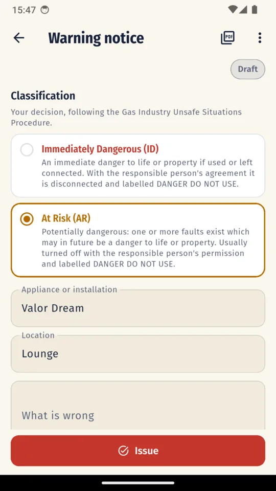 A CP12 Pro warning notice with both classifications and their definitions