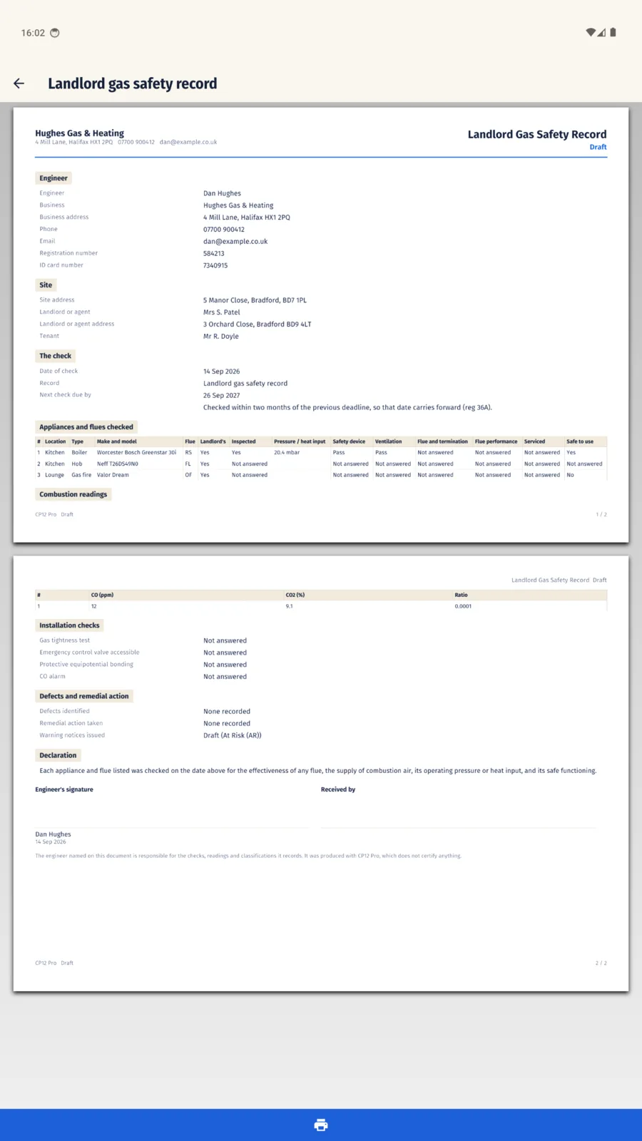 The CP12 Pro record PDF, landscape, previewed on a tablet