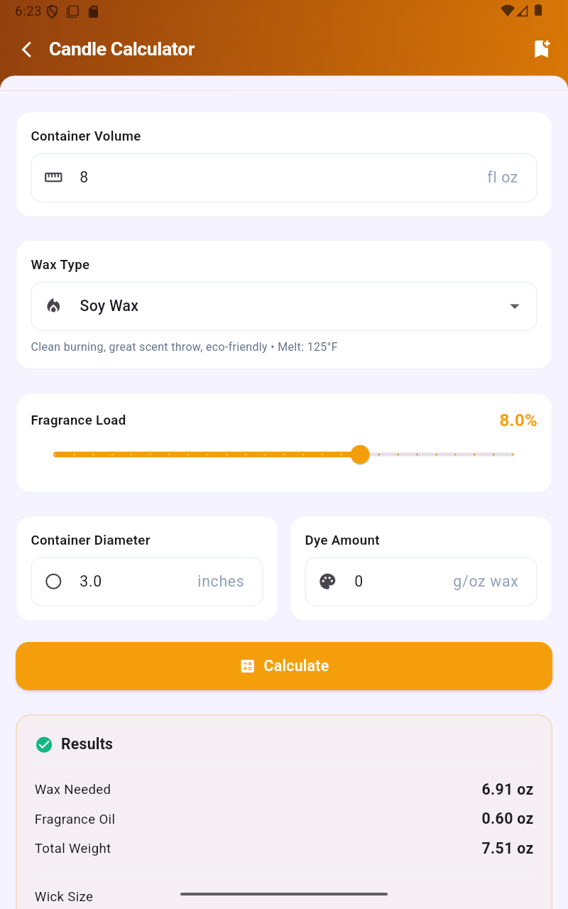 CraftCost candle calculator with wax and fragrance load