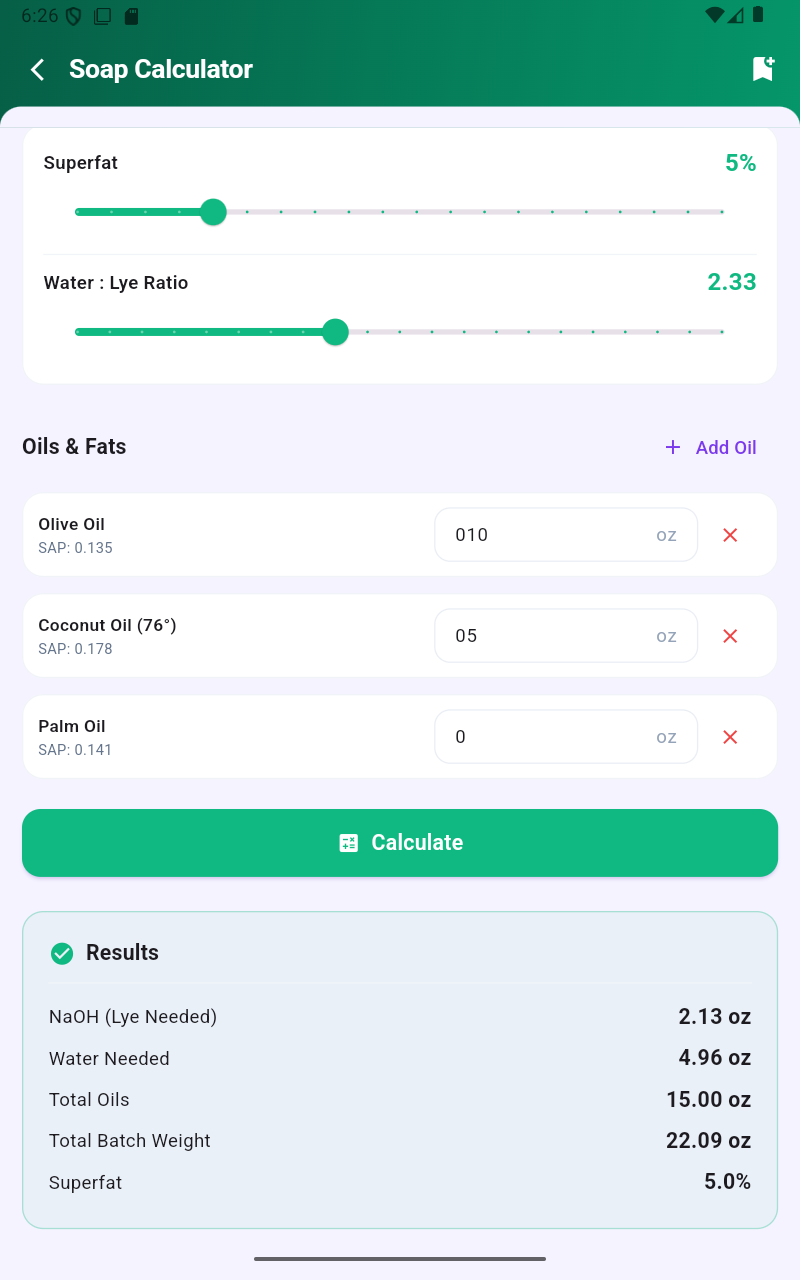 CraftCost cold process soap calculator with SAP and lye
