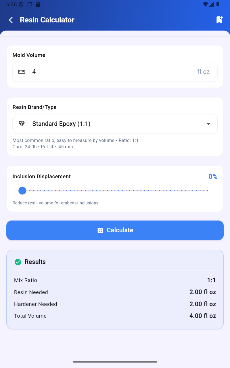 CraftCost resin calculator with mix ratio and mold volume