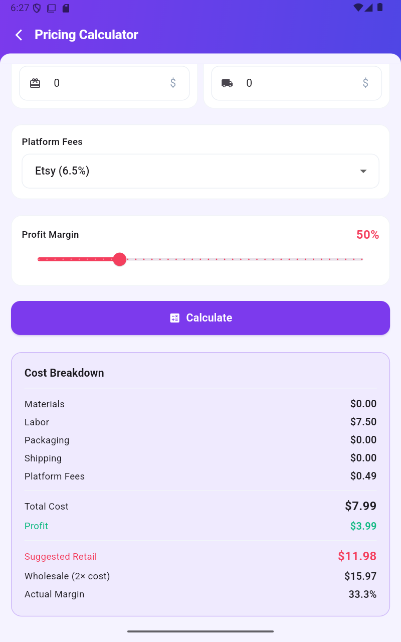 CraftCost pricing calculator with Etsy fees and margins