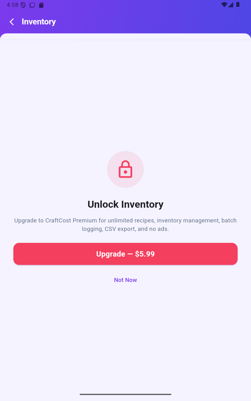 CraftCost ingredient inventory with low stock alerts