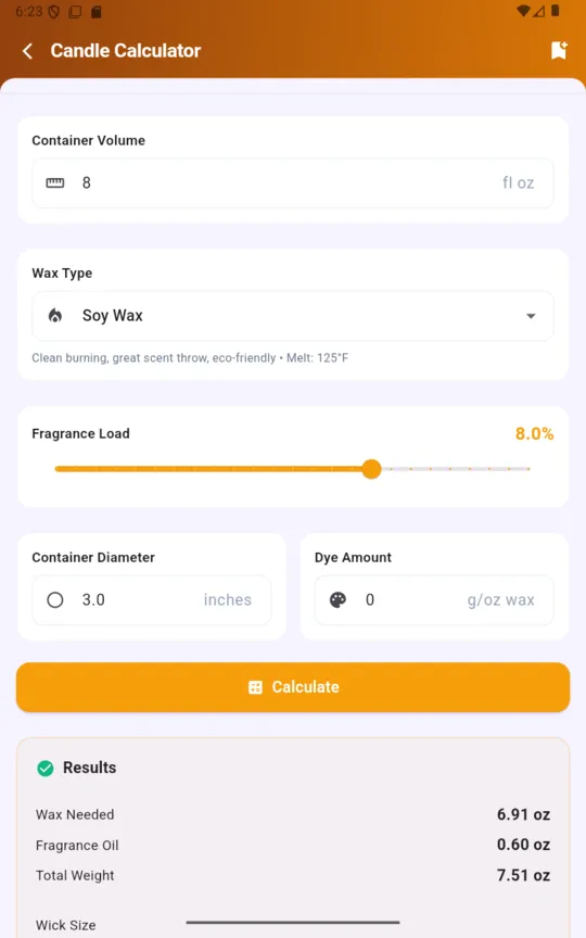 The candle calculator with container volume, soy wax selected, an 8 percent fragrance load, and results giving wax needed, fragrance oil and total weight