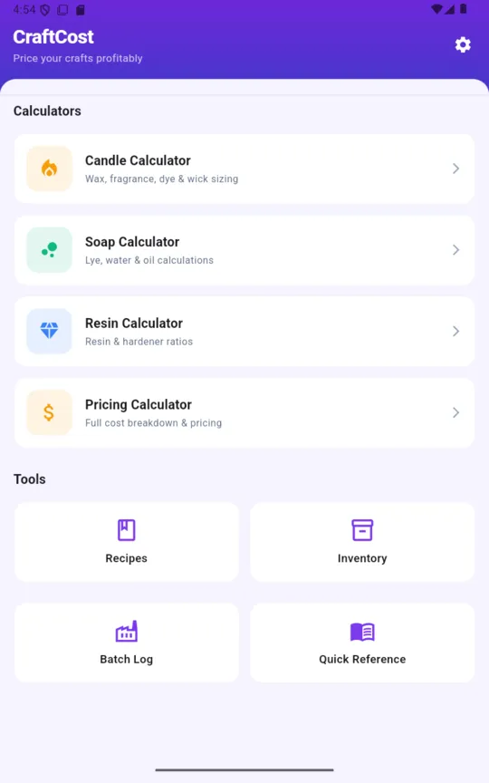 The CraftCost home screen listing the candle, soap, resin and pricing calculators above tiles for recipes, inventory, batch log and quick reference
