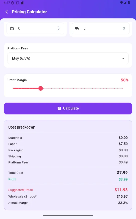 The CraftCost pricing calculator with platform fees set to Etsy, a 50 percent profit margin slider, and a cost breakdown ending in suggested retail and actual margin
