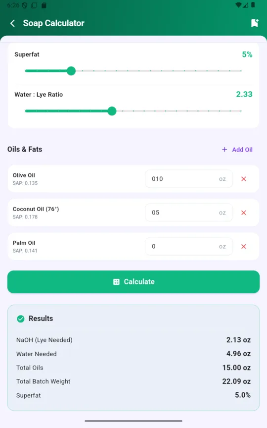 The soap calculator with a 5 percent superfat, a 2.33 water to lye ratio, three oils listed with their SAP values, and results for lye and water