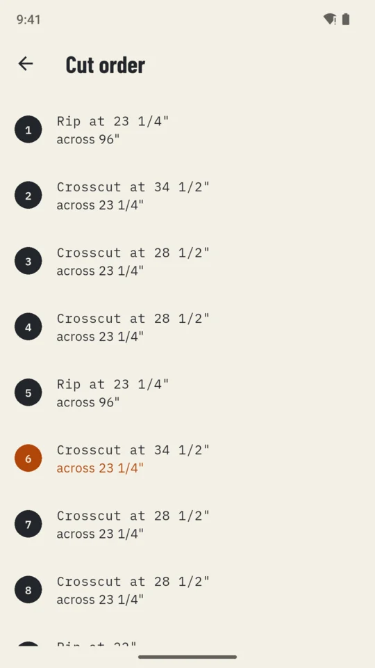 Cut order: every cut listed with its fence setting, the current one in orange.