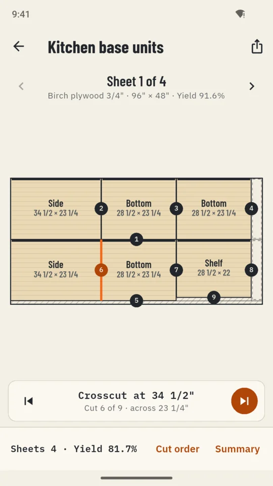 Stepping through the same sheet: cut 6 of 9, a crosscut at 34 1/2 inches, drawn in orange