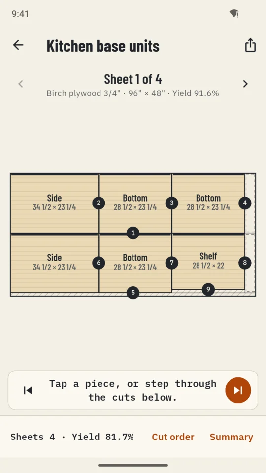 Sheet 1 of a kitchen job: six parts laid out on birch plywood with the cuts numbered