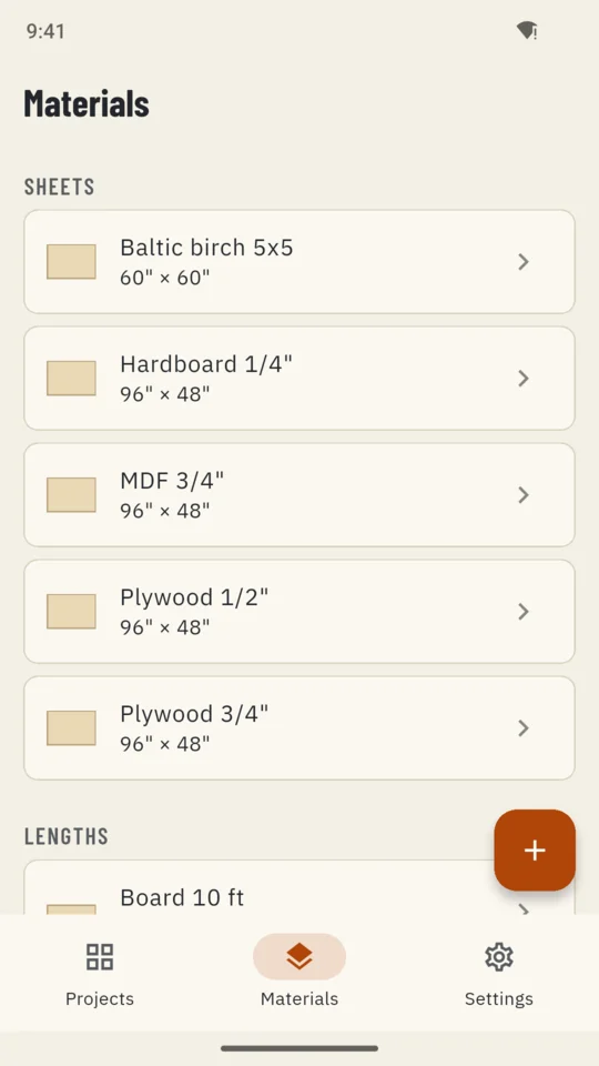 Materials: the sheet and board sizes you buy often, kept in a library.