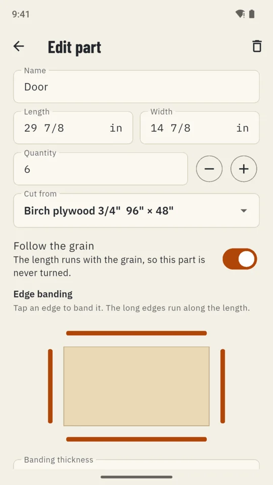 Editing a part: size in inches, quantity 6, follow the grain switched on, and banded edges drawn around the part.