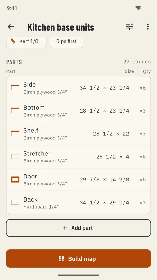 Parts: a kitchen job listed with each part’s size, quantity and material, and Build map at the bottom.