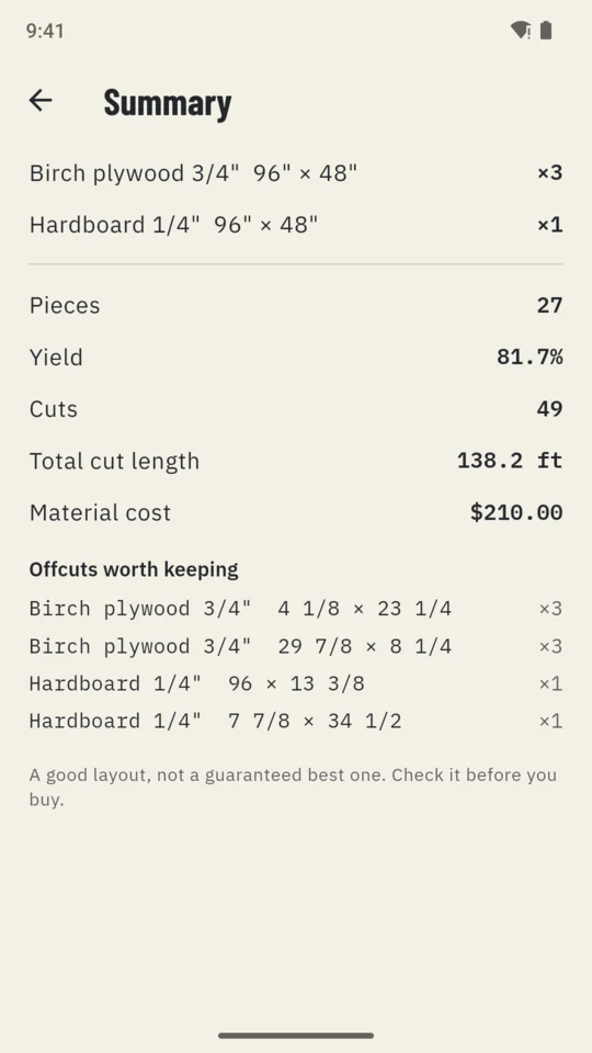 The summary: 3 sheets of plywood and 1 of hardboard, 81.7% yield, 49 cuts, and the offcuts worth keeping.