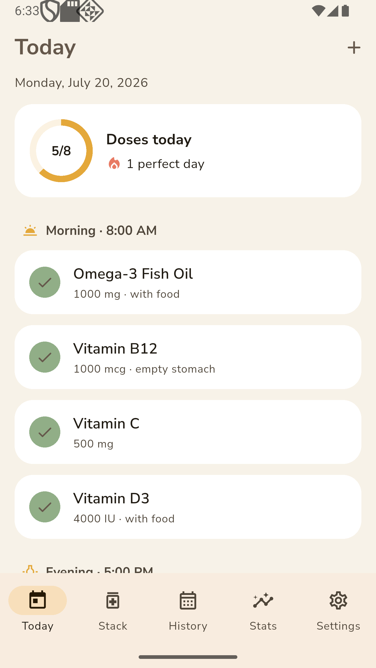 DailyStack Today screen with dose progress ring