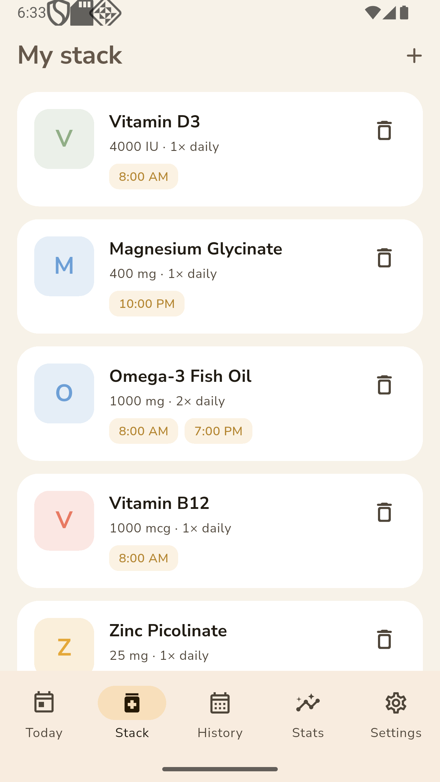 DailyStack stack list with bottle photos