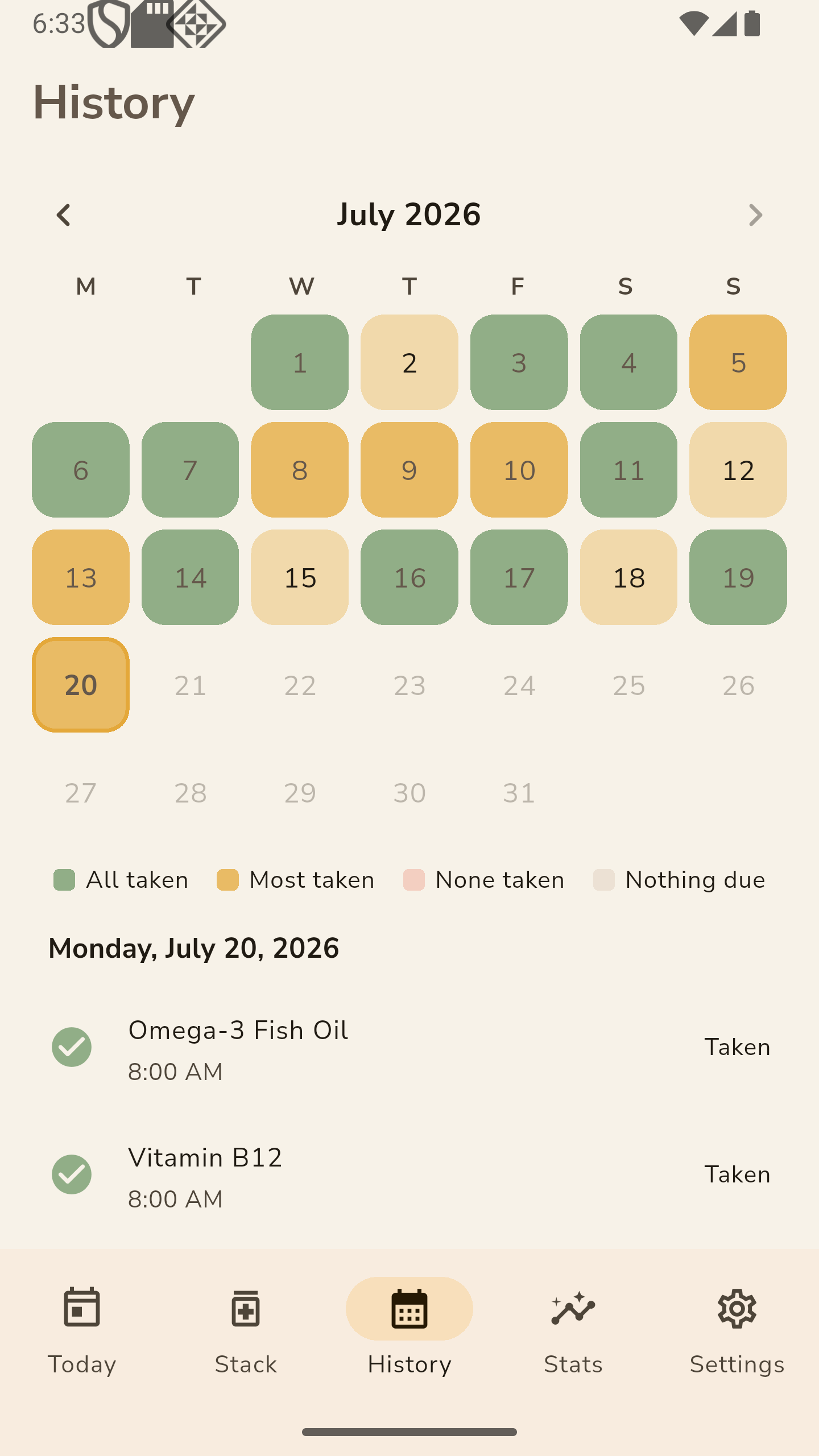 DailyStack adherence calendar