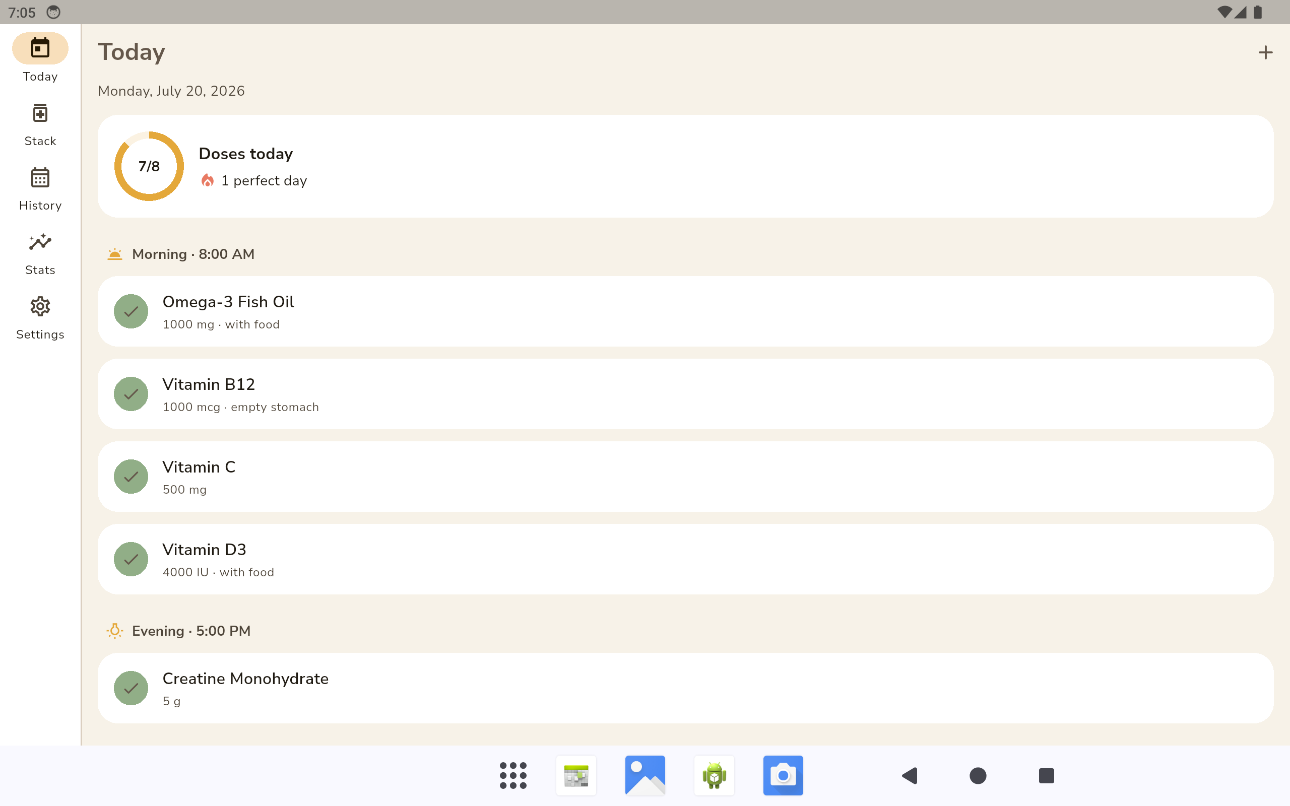 DailyStack on a tablet showing the navigation rail and today's doses
