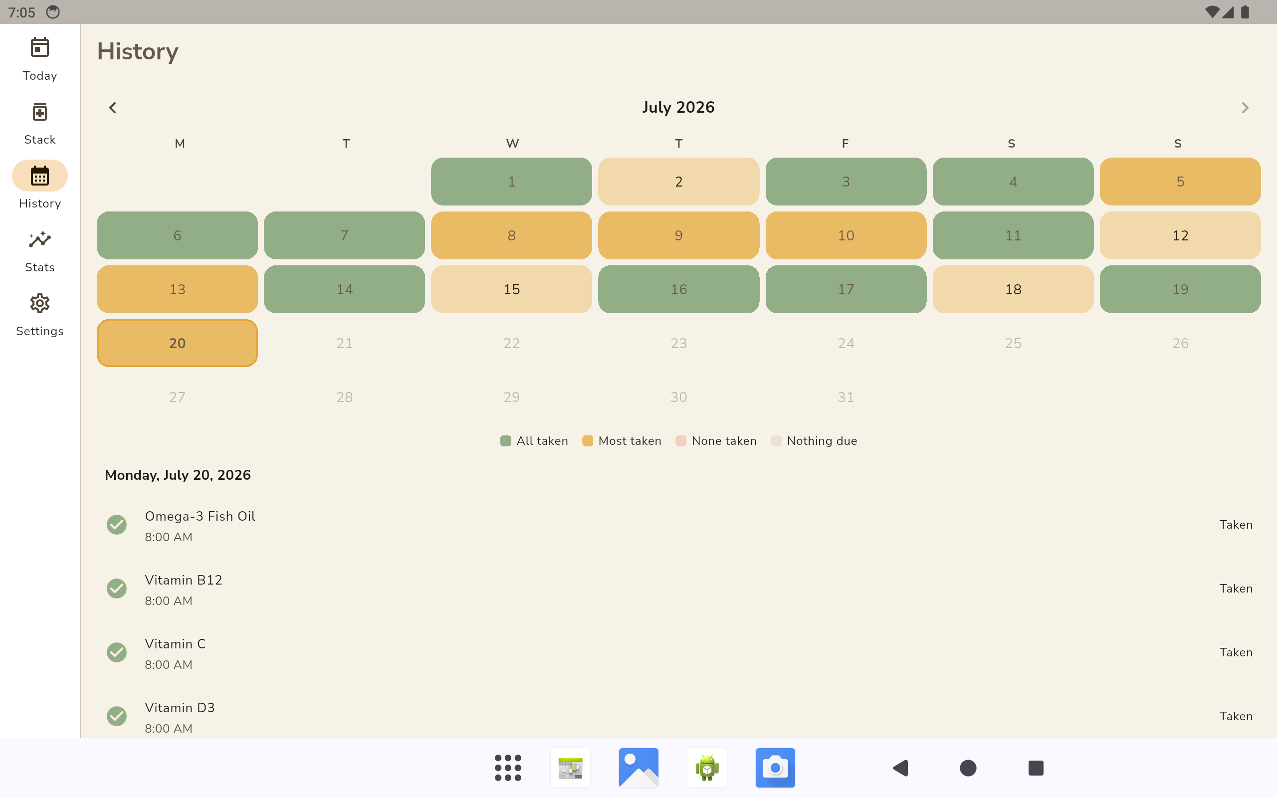 DailyStack adherence calendar on a tablet